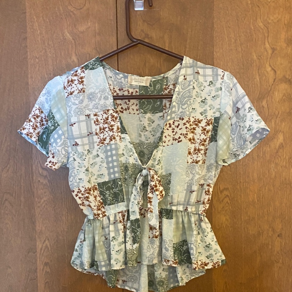 Altar'd State Patchwork Tie-Front Blouse - Green and Cream